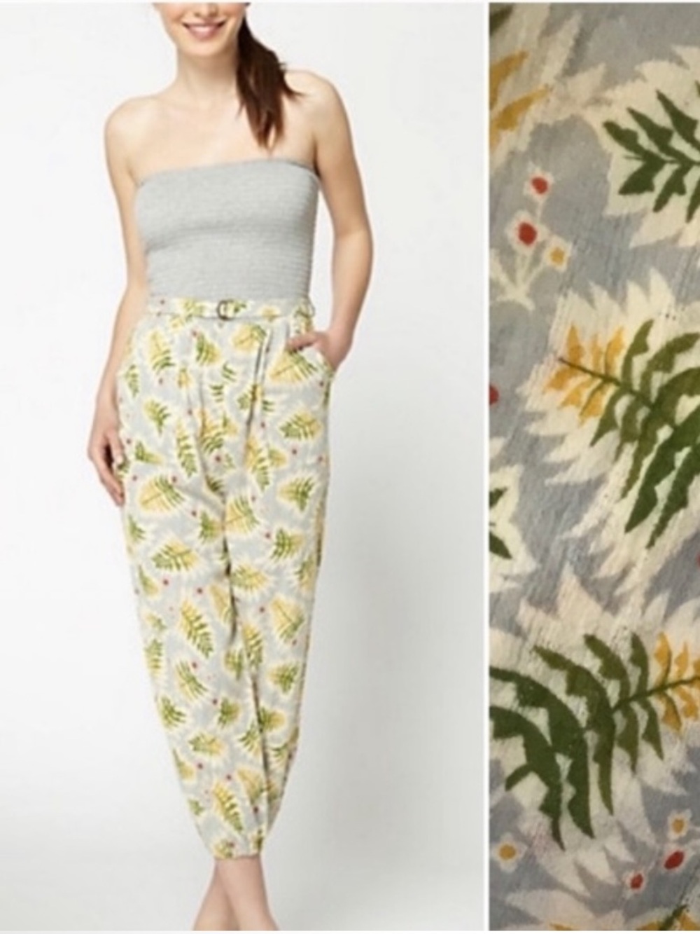 anthropologie lilka jumpsuit strapless botanical fern pockets gray cream medium